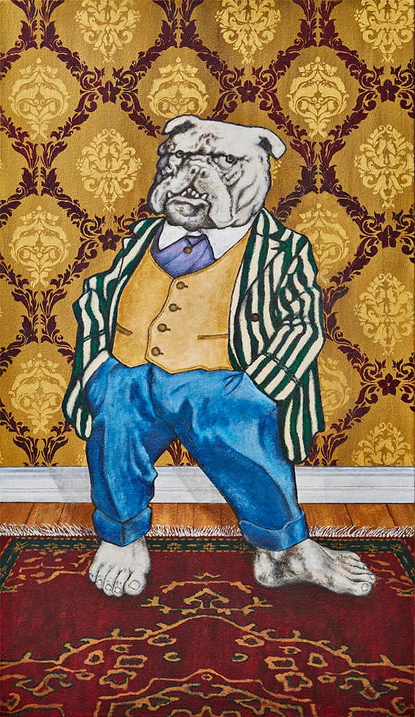 Tug stands with swagger as his dapper striped jacket keeps him warm in his Victorian estate
