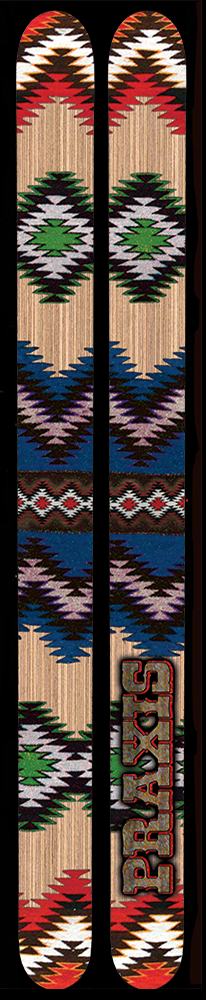 A pair of skis with a Native American tribal pattern