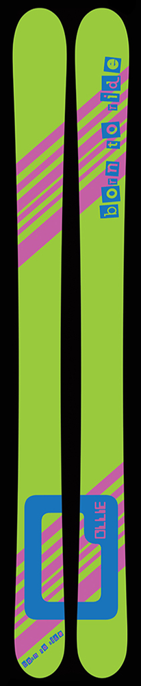 A neon green set of skis with pink diagonal lines and blue branding