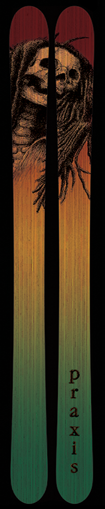 A pair of skis that show the skeleton of Bob Marely on Rasta-colored wood