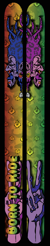 A set of skis that show a purple head with a pink peace signed-hand on one ski and the opposite on the other ski