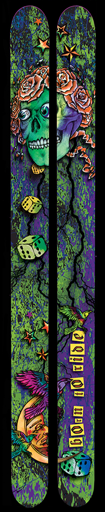 A set of skis that show a skull, dice, and stars on a green background