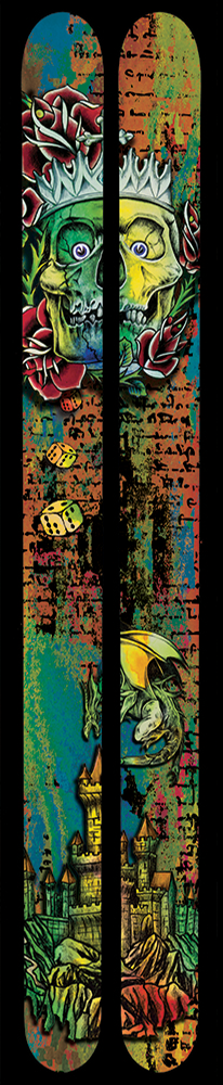 A pair of skis that display a crowned skull on a brick wall pattern