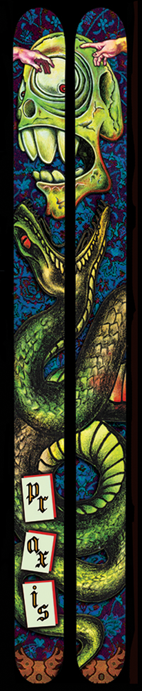 A pair of skis that show a snake eating a head from below