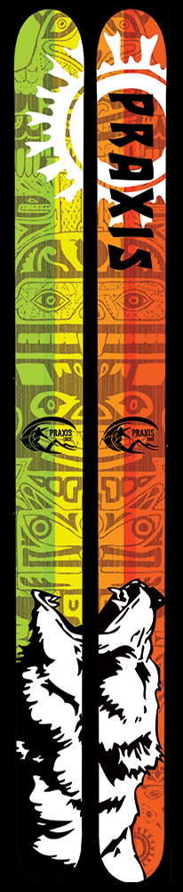 This set of skis shows a bear roaring over a Polynesian-style tribal pattern 