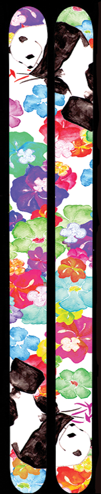 A set of skis that feature pandas and colorful flowers