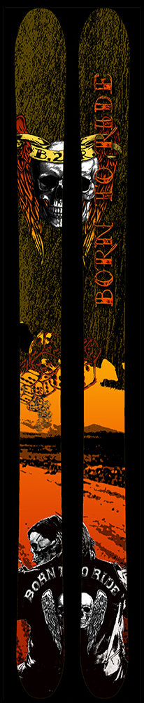 A pair of skis that display a skull on top with a motorcycle rider going down a desert road beneath