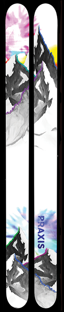 A pair of skis that show a water paint style illustration of a sun peeking above mountains