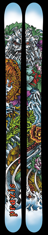 A pair of skis with an abstract tattoo-style design