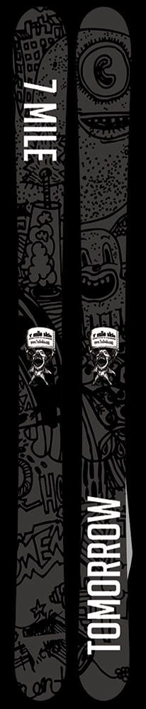 A black and grey set of skis with 7 Mile written on one and Tomorrow on the other