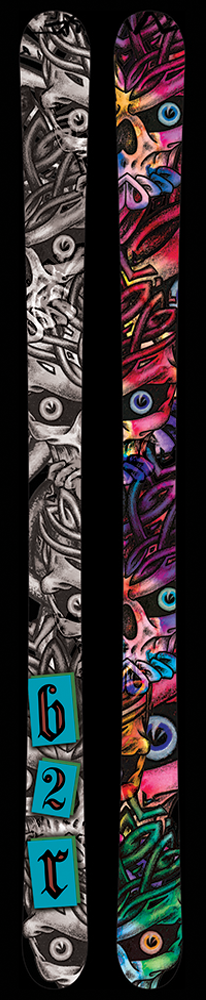 A set of skis that feature one colored ski and one black and white ski with skull patterns on them both