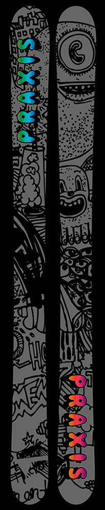 A dark grey and black pair of skis with a drawn cartoon pattern and colorful branding