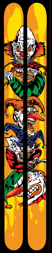 A pair of skis that show a stack of 5 cartoon clowns on an orange and yellow background