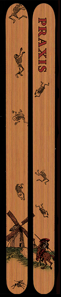 A pair of wooden-patterned skis that display a scene of people falling from the sky